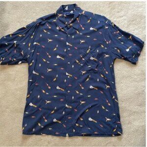 Vintage Grant Thomas blue fishing lure hook short sleeve shirt Size Medium